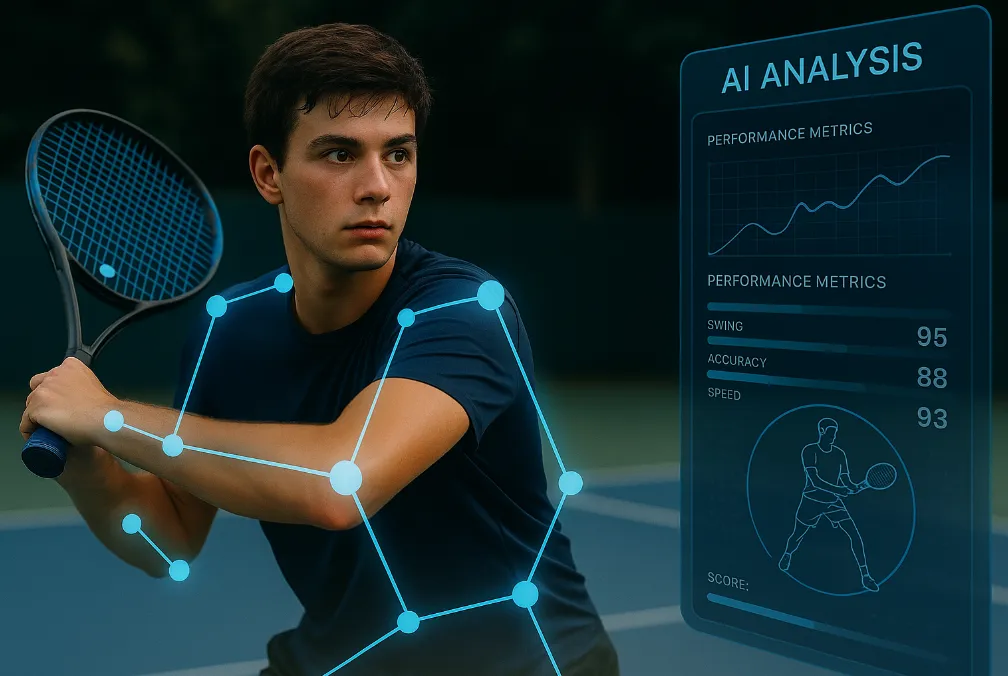 Tennis player receiving AI analysis feedback