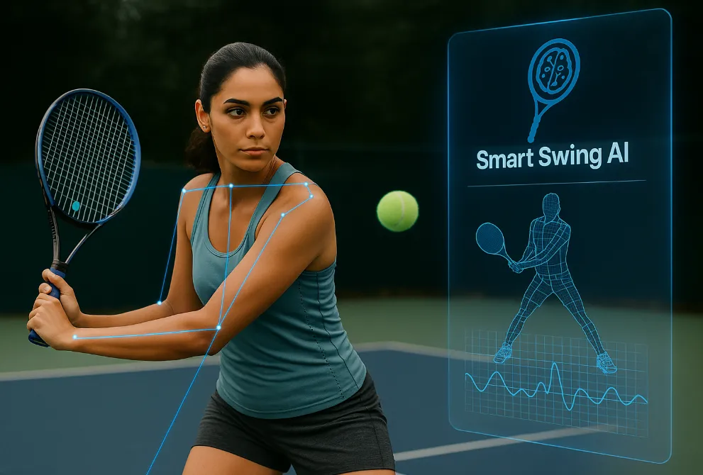 Parent reviewing child's tennis biomechanics report on SmartSwing